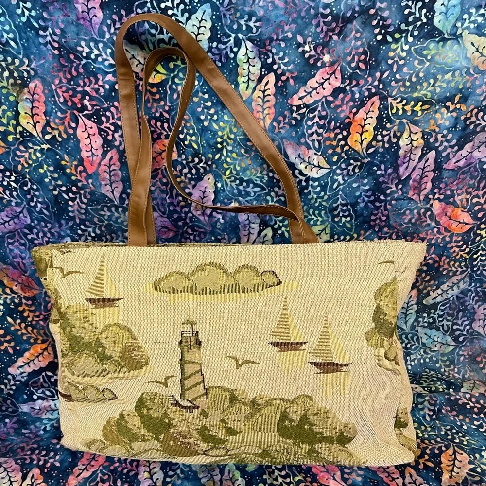 Vintage Lighthouse and sailboat tapestry bag Large